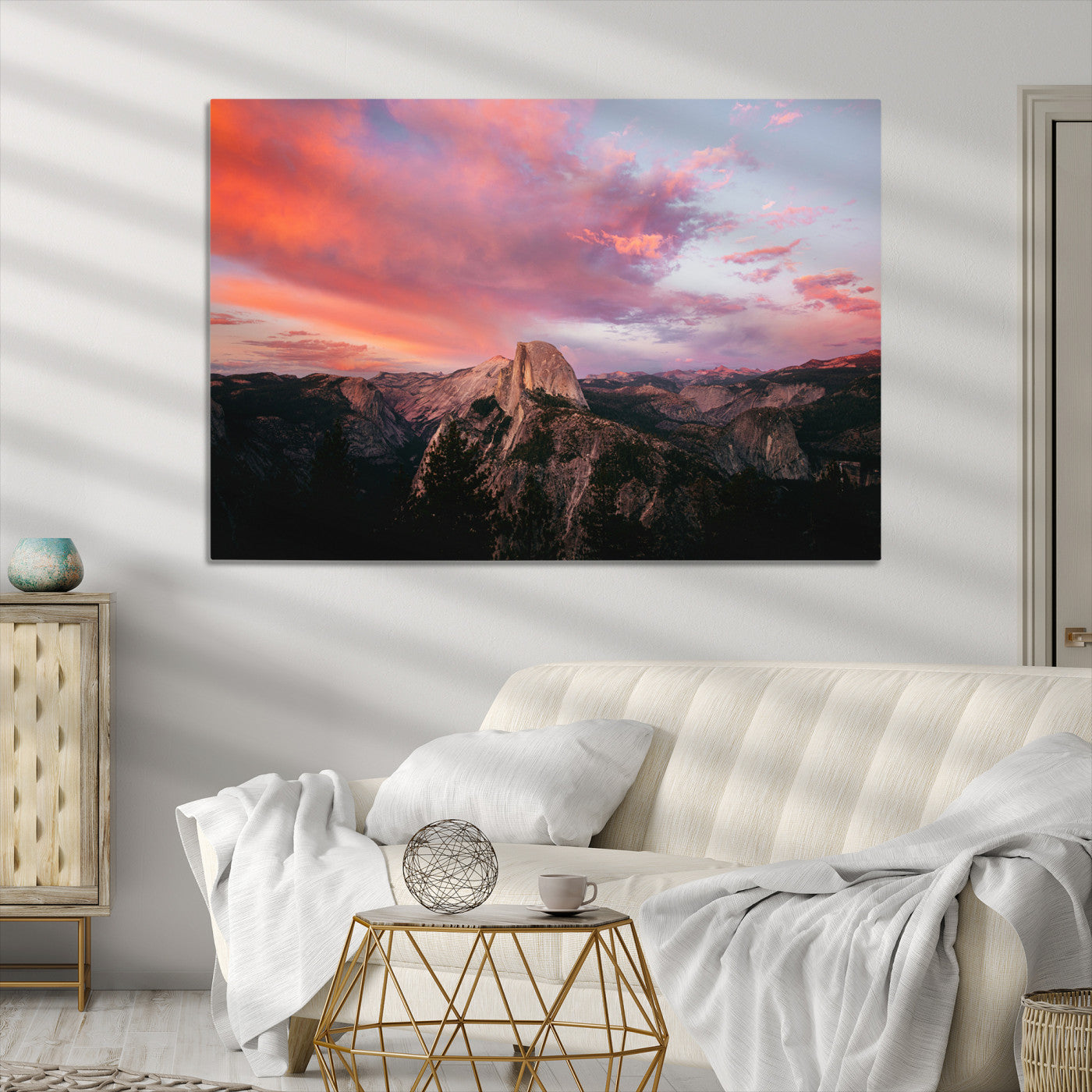 Half Dome Wall Art Canvas Print, Yosemite National Park Print, Framed Dramatic Sunset Art Print, Large Pink and Orange Sky Printing