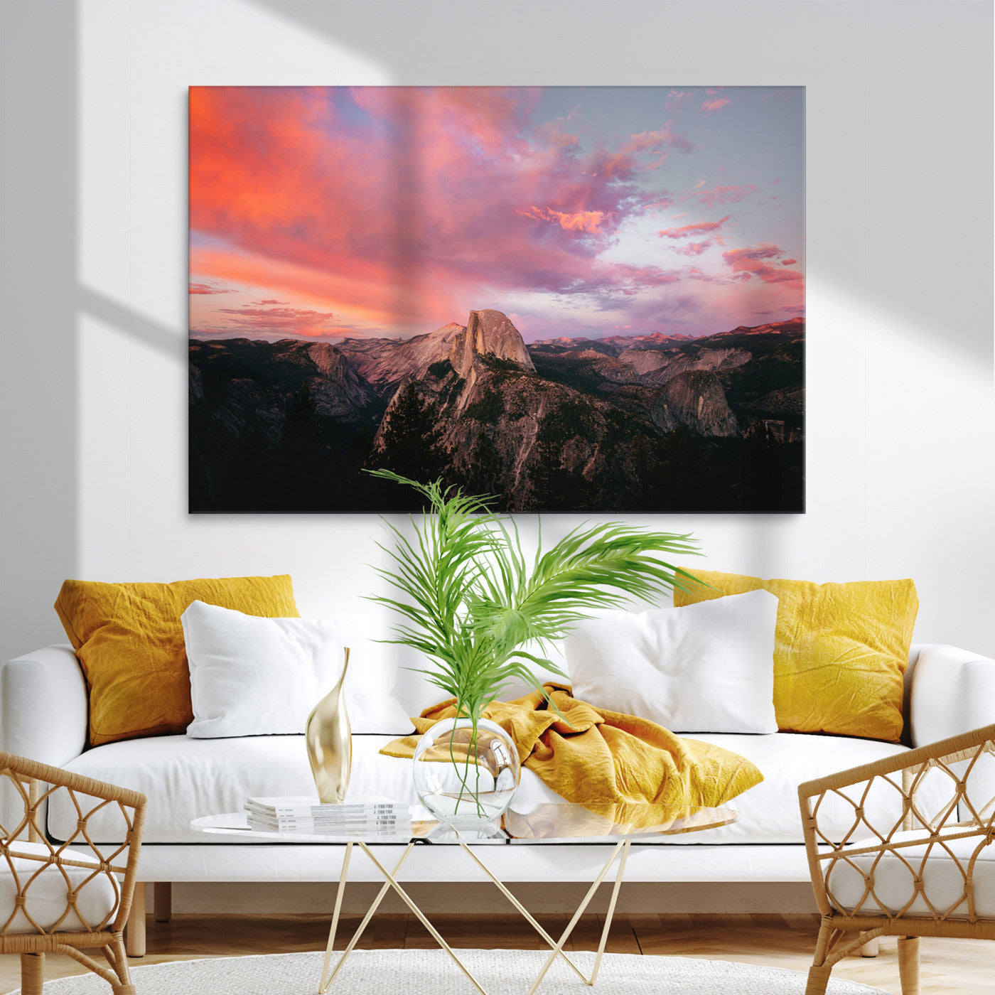 Half Dome Wall Art Canvas Print, Yosemite National Park Print, Framed Dramatic Sunset Art Print, Large Pink and Orange Sky Printing