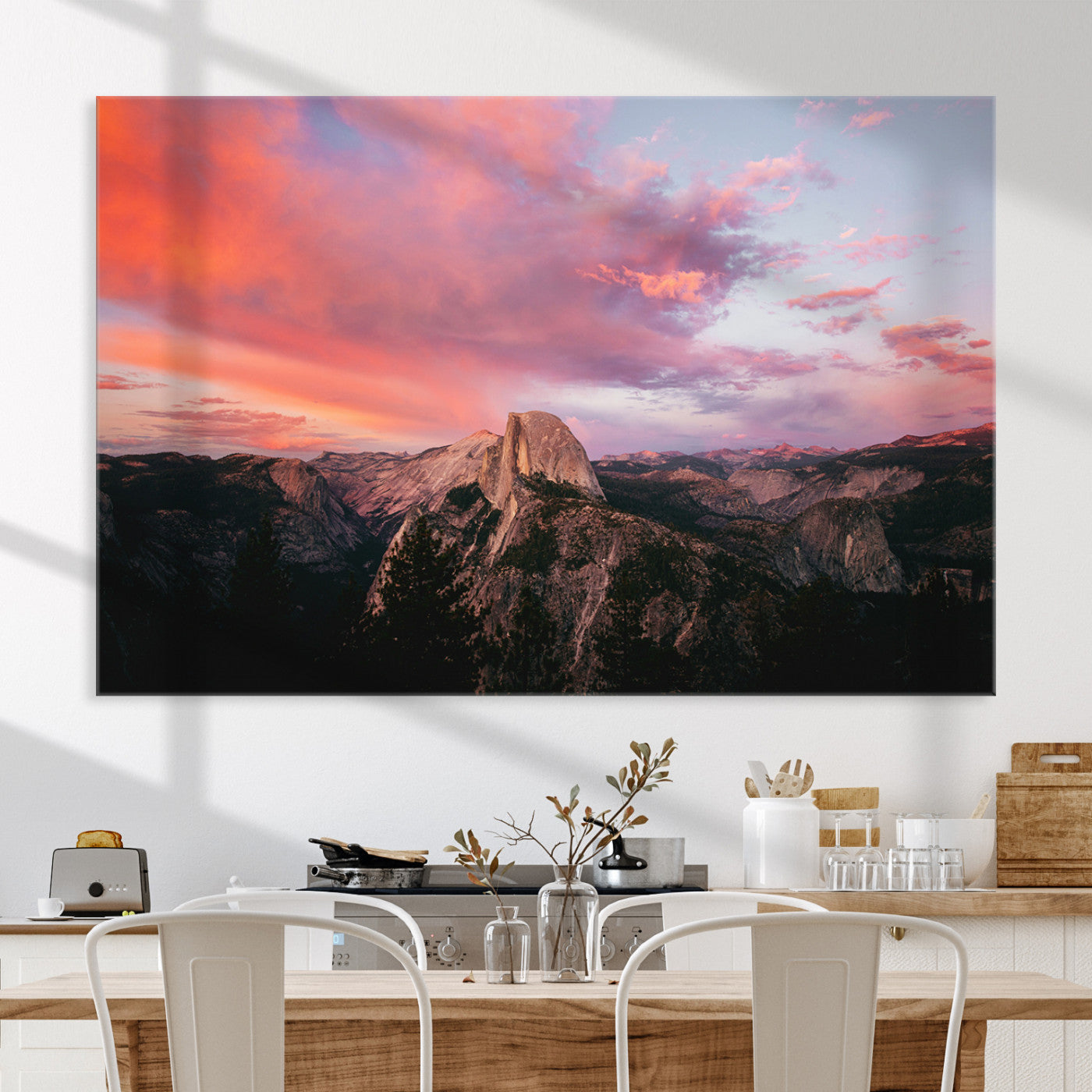 Half Dome Wall Art Canvas Print, Yosemite National Park Print, Framed Dramatic Sunset Art Print, Large Pink and Orange Sky Printing