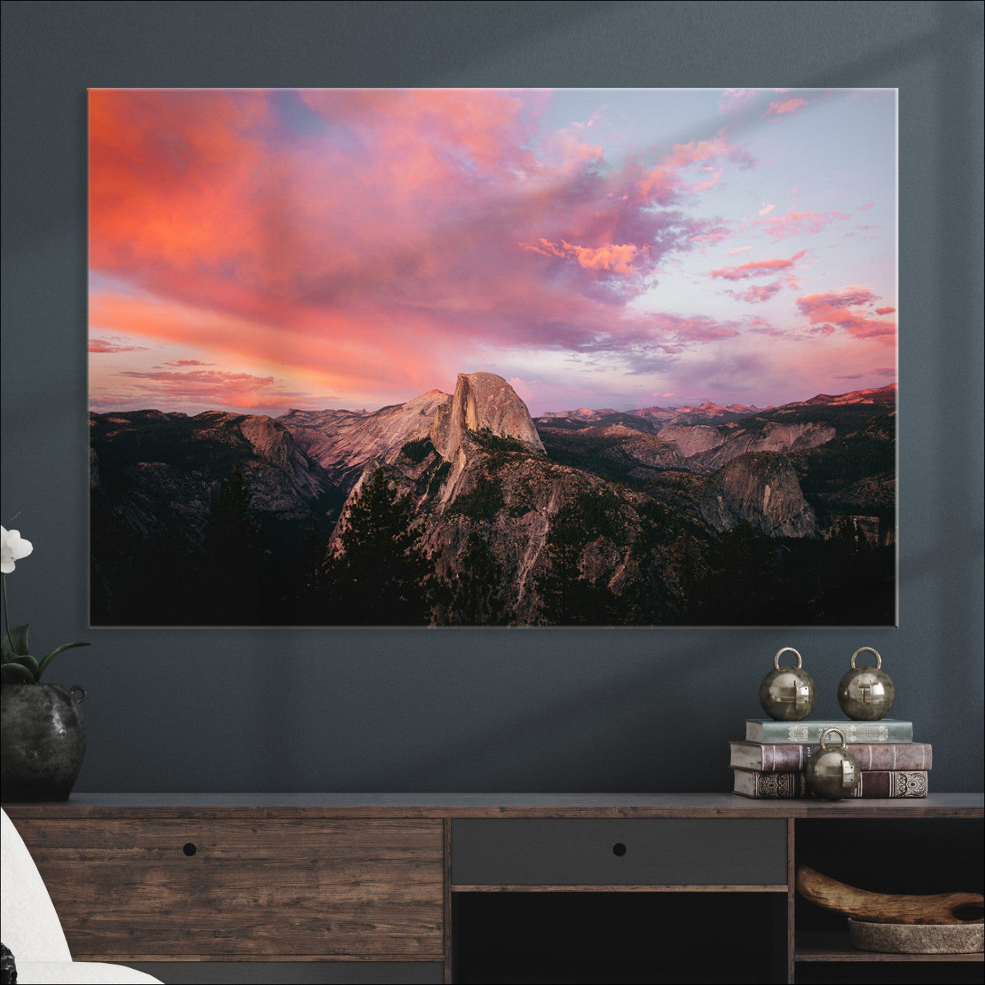 Half Dome Wall Art Canvas Print, Yosemite National Park Print, Framed Dramatic Sunset Art Print, Large Pink and Orange Sky Printing