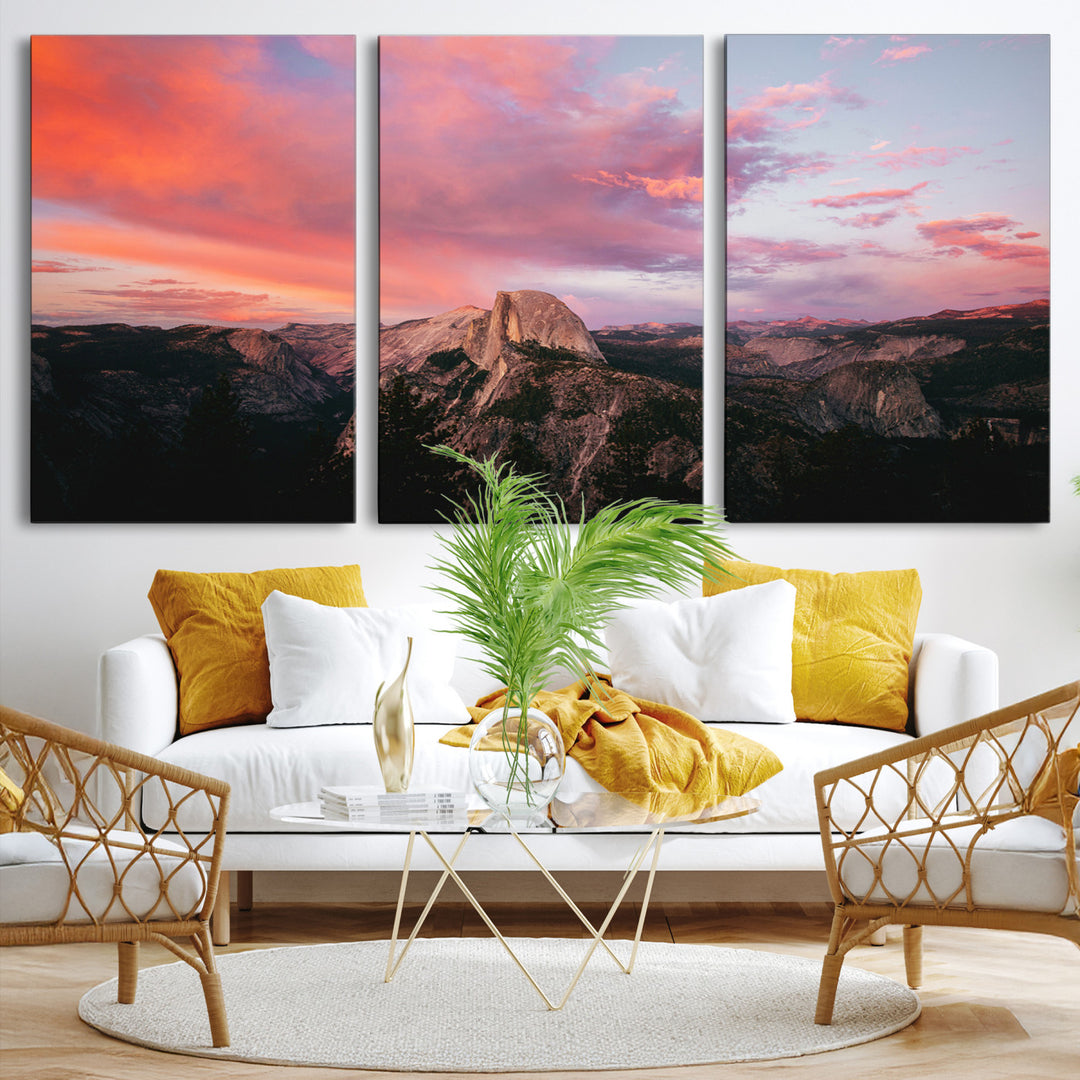 Half Dome Wall Art Canvas Print, Yosemite National Park Print, Framed Dramatic Sunset Art Print, Large Pink and Orange Sky Printing