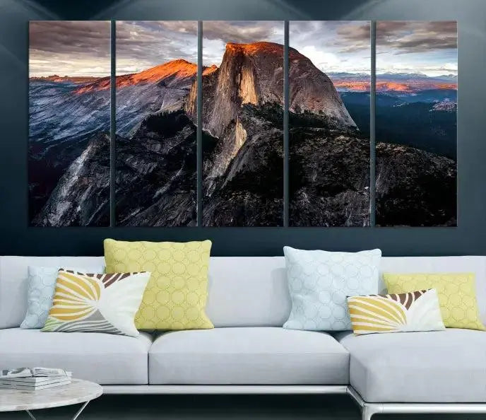 The Half Dome Wall Art Print, featuring the Yosemite Majestic Triptych Landscape, elegantly captures the serene beauty of nature in this National Park decor.