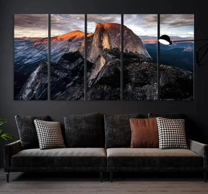 The Half Dome Wall Art Print, featuring the Yosemite Majestic Triptych Landscape, elegantly captures the serene beauty of nature in this National Park decor.