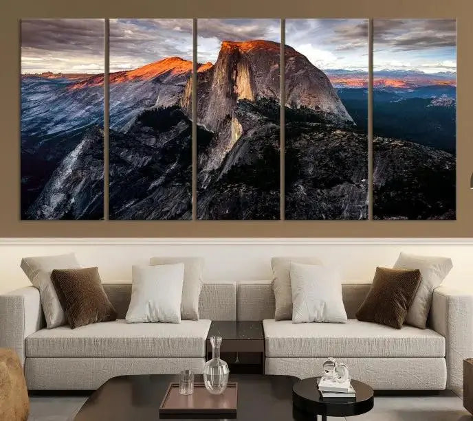 The Half Dome Wall Art Print, featuring the Yosemite Majestic Triptych Landscape, elegantly captures the serene beauty of nature in this National Park decor.