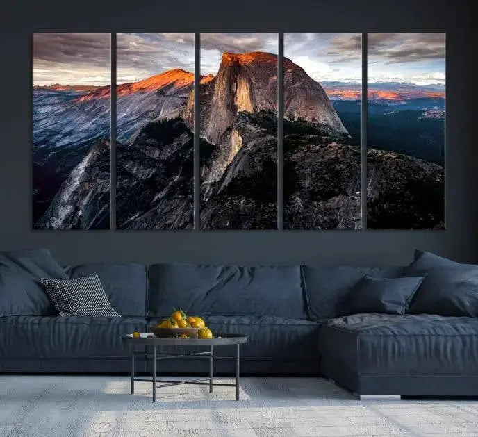 The Half Dome Wall Art Print, featuring the Yosemite Majestic Triptych Landscape, elegantly captures the serene beauty of nature in this National Park decor.