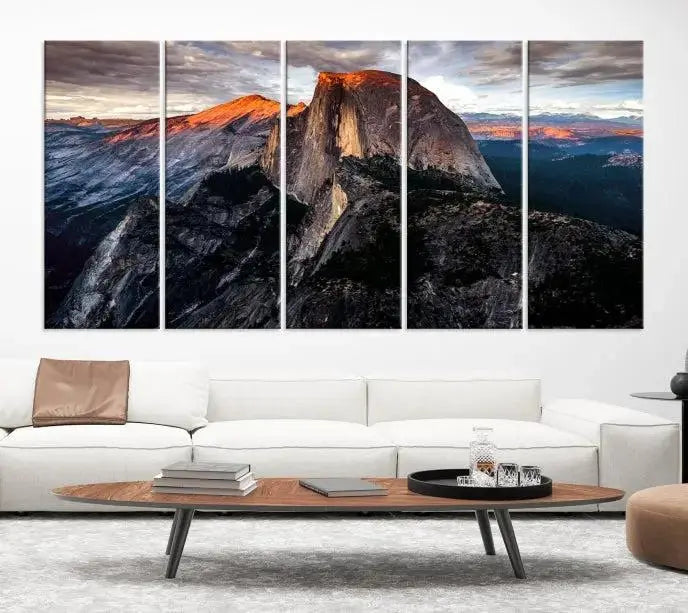 The Half Dome Wall Art Print, featuring the Yosemite Majestic Triptych Landscape, elegantly captures the serene beauty of nature in this National Park decor.