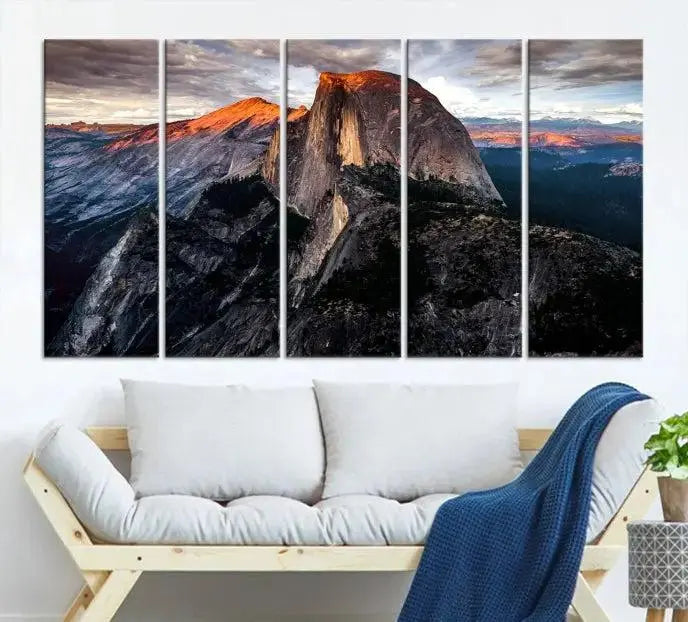 The Half Dome Wall Art Print, featuring the Yosemite Majestic Triptych Landscape, elegantly captures the serene beauty of nature in this National Park decor.