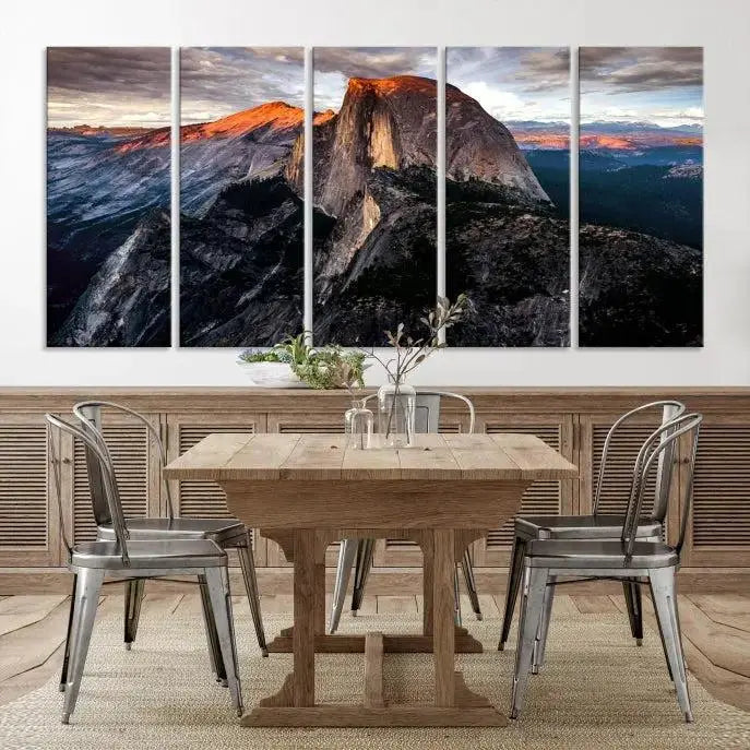 The Half Dome Wall Art Print, featuring the Yosemite Majestic Triptych Landscape, elegantly captures the serene beauty of nature in this National Park decor.