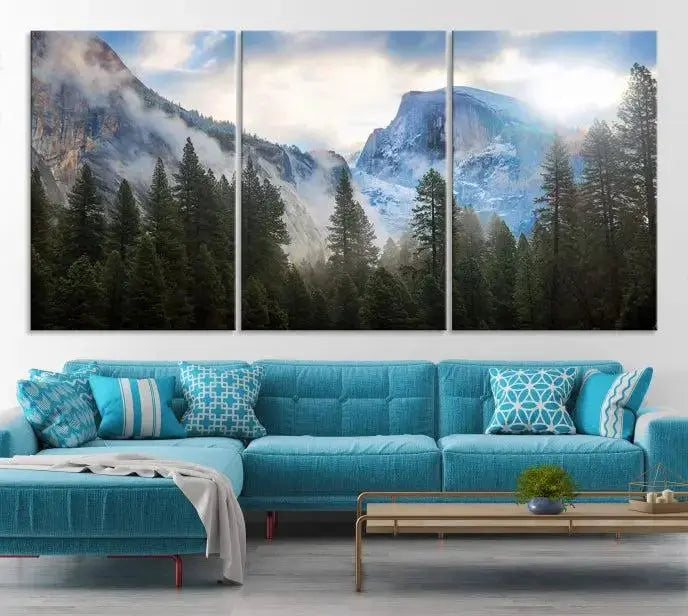 The Half Dome Yosemite California Wall Art Canvas Print El Capitan features a triptych design of a mountain landscape adorned with pine trees. Printed on museum-quality canvas, it comes ready to hang and is finished with a UV-protective coating to ensure long-lasting beauty.