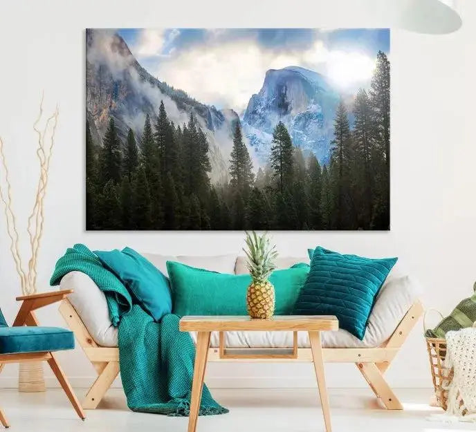 The Half Dome Yosemite California Wall Art Canvas Print El Capitan features a triptych design of a mountain landscape adorned with pine trees. Printed on museum-quality canvas, it comes ready to hang and is finished with a UV-protective coating to ensure long-lasting beauty.