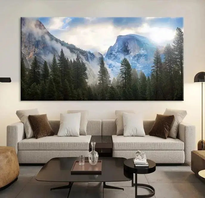 The Half Dome Yosemite California Wall Art Canvas Print El Capitan features a triptych design of a mountain landscape adorned with pine trees. Printed on museum-quality canvas, it comes ready to hang and is finished with a UV-protective coating to ensure long-lasting beauty.