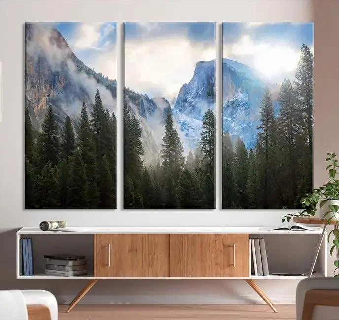 The Half Dome Yosemite California Wall Art Canvas Print El Capitan features a triptych design of a mountain landscape adorned with pine trees. Printed on museum-quality canvas, it comes ready to hang and is finished with a UV-protective coating to ensure long-lasting beauty.