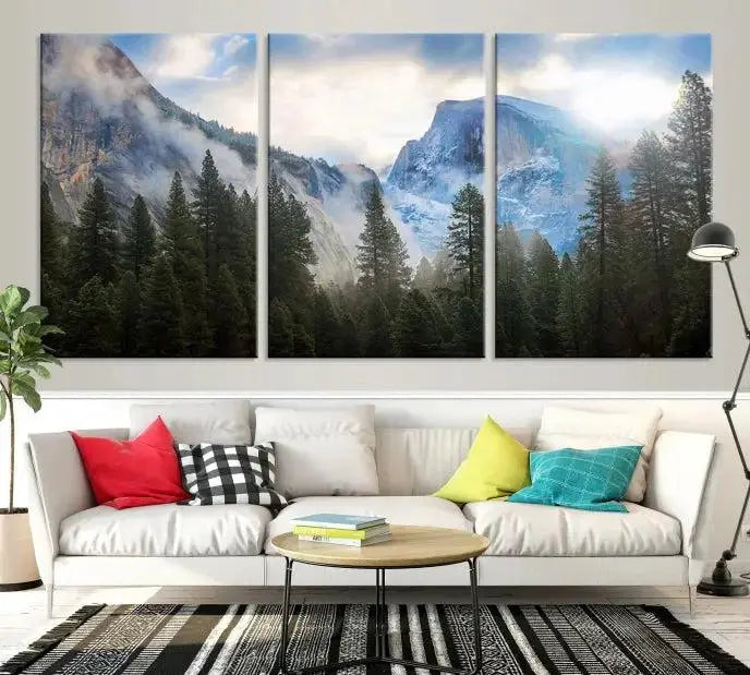 The Half Dome Yosemite California Wall Art Canvas Print El Capitan features a triptych design of a mountain landscape adorned with pine trees. Printed on museum-quality canvas, it comes ready to hang and is finished with a UV-protective coating to ensure long-lasting beauty.