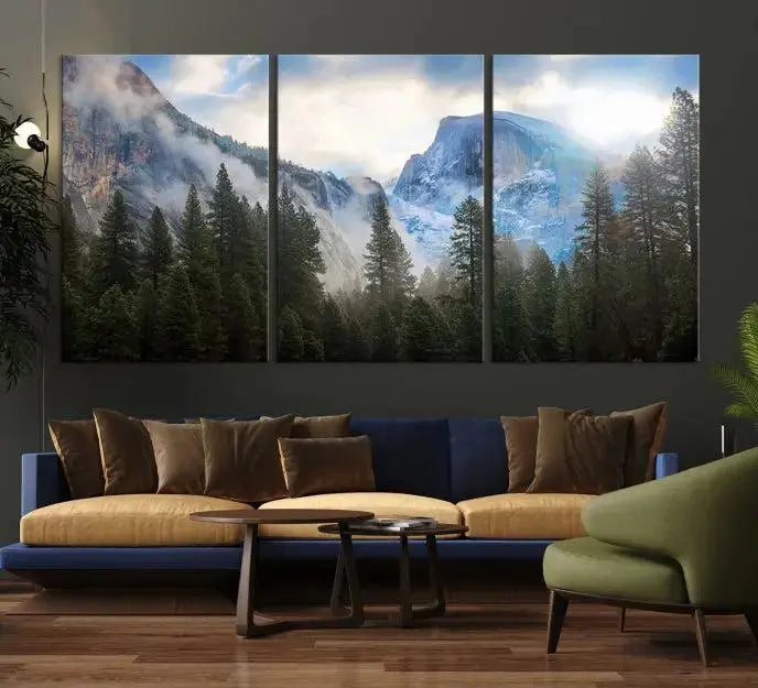 The Half Dome Yosemite California Wall Art Canvas Print El Capitan features a triptych design of a mountain landscape adorned with pine trees. Printed on museum-quality canvas, it comes ready to hang and is finished with a UV-protective coating to ensure long-lasting beauty.