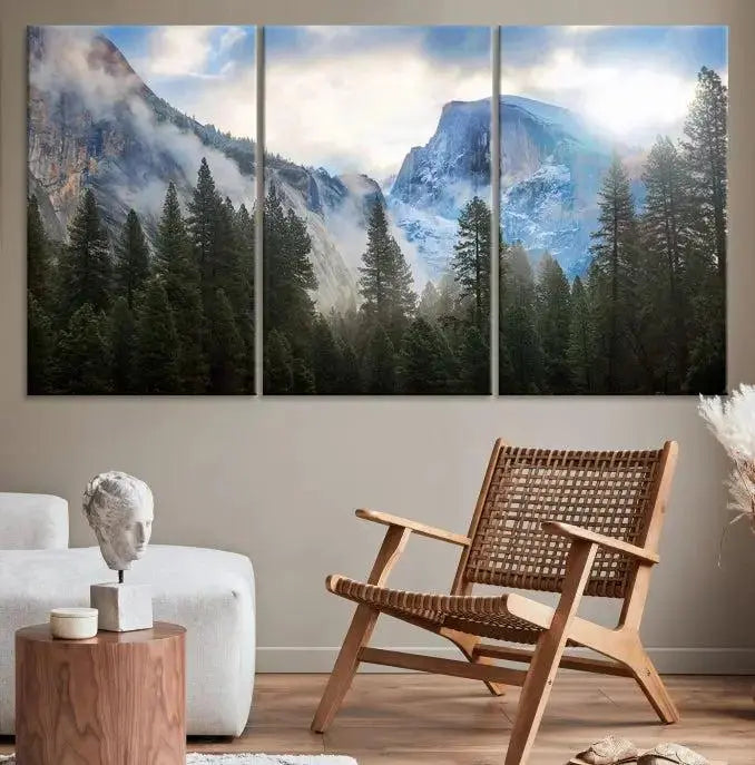 The Half Dome Yosemite California Wall Art Canvas Print El Capitan features a triptych design of a mountain landscape adorned with pine trees. Printed on museum-quality canvas, it comes ready to hang and is finished with a UV-protective coating to ensure long-lasting beauty.