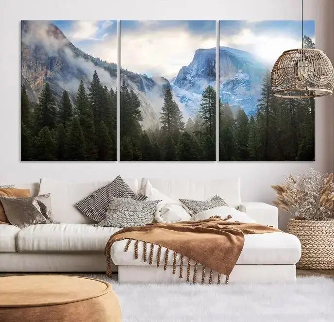 The Half Dome Yosemite California Wall Art Canvas Print El Capitan features a triptych design of a mountain landscape adorned with pine trees. Printed on museum-quality canvas, it comes ready to hang and is finished with a UV-protective coating to ensure long-lasting beauty.