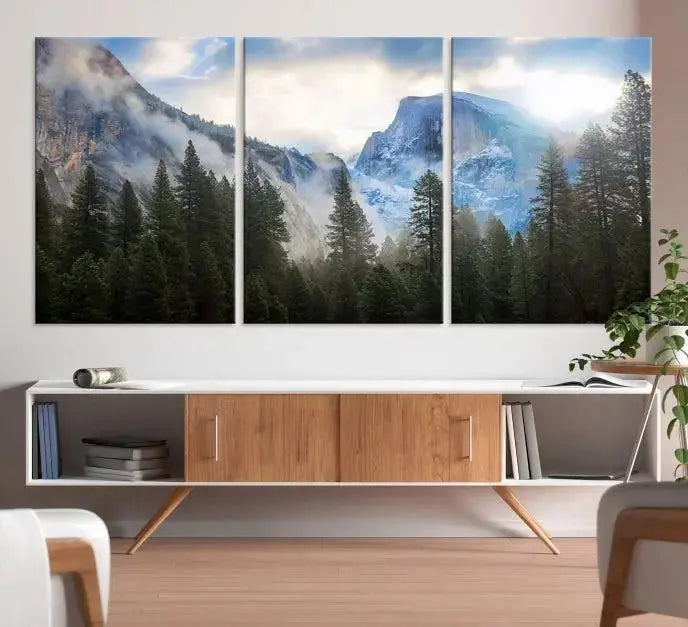 The Half Dome Yosemite California Wall Art Canvas Print El Capitan features a triptych design of a mountain landscape adorned with pine trees. Printed on museum-quality canvas, it comes ready to hang and is finished with a UV-protective coating to ensure long-lasting beauty.