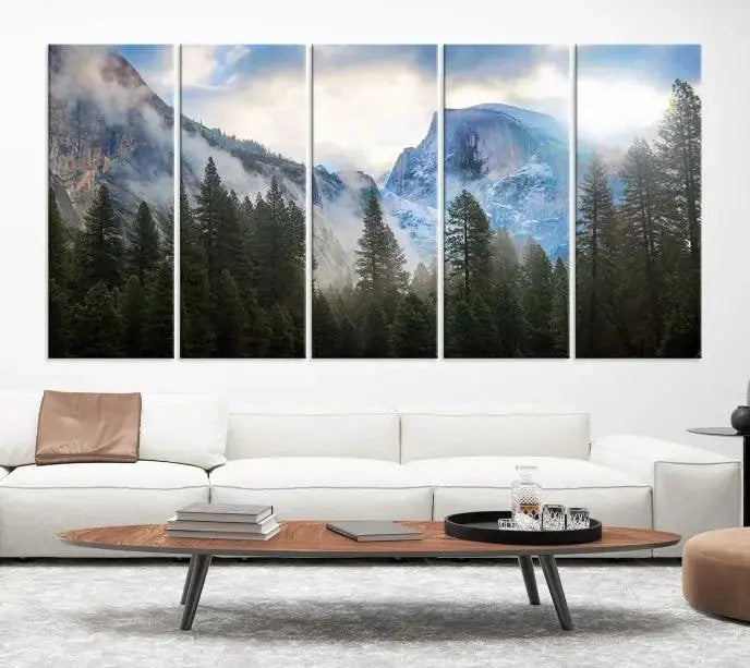 The Half Dome Yosemite California Wall Art Canvas Print El Capitan features a triptych design of a mountain landscape adorned with pine trees. Printed on museum-quality canvas, it comes ready to hang and is finished with a UV-protective coating to ensure long-lasting beauty.