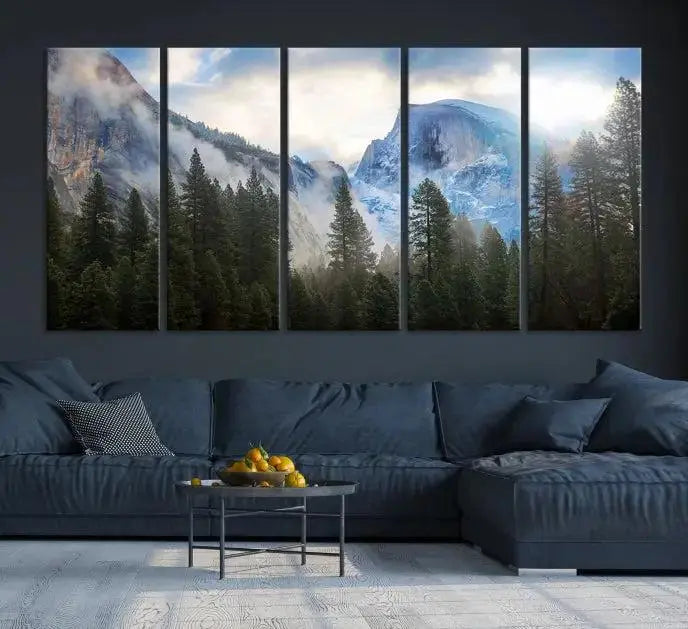 The Half Dome Yosemite California Wall Art Canvas Print El Capitan features a triptych design of a mountain landscape adorned with pine trees. Printed on museum-quality canvas, it comes ready to hang and is finished with a UV-protective coating to ensure long-lasting beauty.