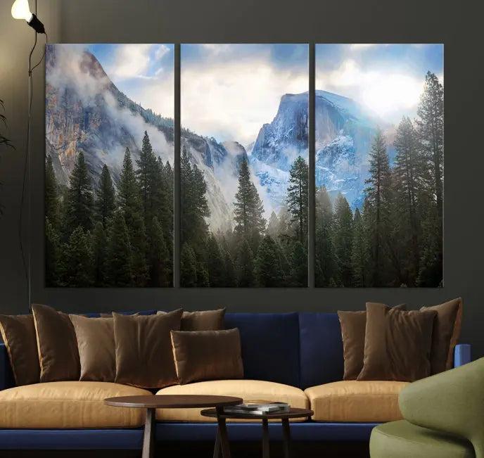 The Half Dome Yosemite California Wall Art Canvas Print El Capitan features a triptych design of a mountain landscape adorned with pine trees. Printed on museum-quality canvas, it comes ready to hang and is finished with a UV-protective coating to ensure long-lasting beauty.