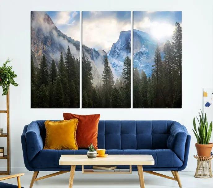 The Half Dome Yosemite California Wall Art Canvas Print El Capitan features a triptych design of a mountain landscape adorned with pine trees. Printed on museum-quality canvas, it comes ready to hang and is finished with a UV-protective coating to ensure long-lasting beauty.