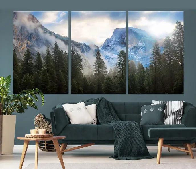 The Half Dome Yosemite California Wall Art Canvas Print El Capitan features a triptych design of a mountain landscape adorned with pine trees. Printed on museum-quality canvas, it comes ready to hang and is finished with a UV-protective coating to ensure long-lasting beauty.