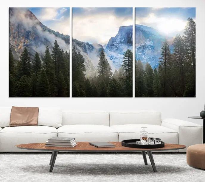 The Half Dome Yosemite California Wall Art Canvas Print El Capitan features a triptych design of a mountain landscape adorned with pine trees. Printed on museum-quality canvas, it comes ready to hang and is finished with a UV-protective coating to ensure long-lasting beauty.