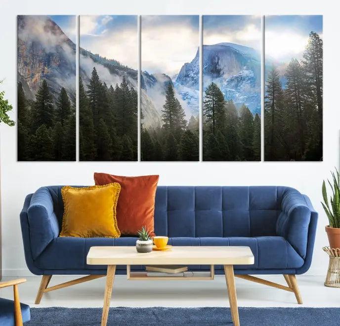 The Half Dome Yosemite California Wall Art Canvas Print El Capitan features a triptych design of a mountain landscape adorned with pine trees. Printed on museum-quality canvas, it comes ready to hang and is finished with a UV-protective coating to ensure long-lasting beauty.