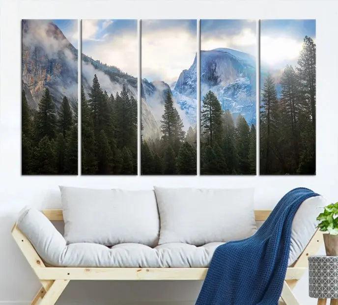 The Half Dome Yosemite California Wall Art Canvas Print El Capitan features a triptych design of a mountain landscape adorned with pine trees. Printed on museum-quality canvas, it comes ready to hang and is finished with a UV-protective coating to ensure long-lasting beauty.