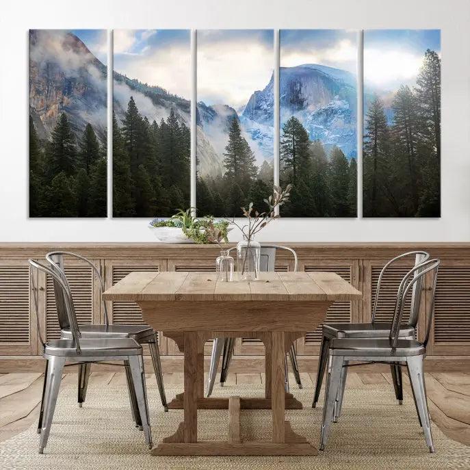 The Half Dome Yosemite California Wall Art Canvas Print El Capitan features a triptych design of a mountain landscape adorned with pine trees. Printed on museum-quality canvas, it comes ready to hang and is finished with a UV-protective coating to ensure long-lasting beauty.