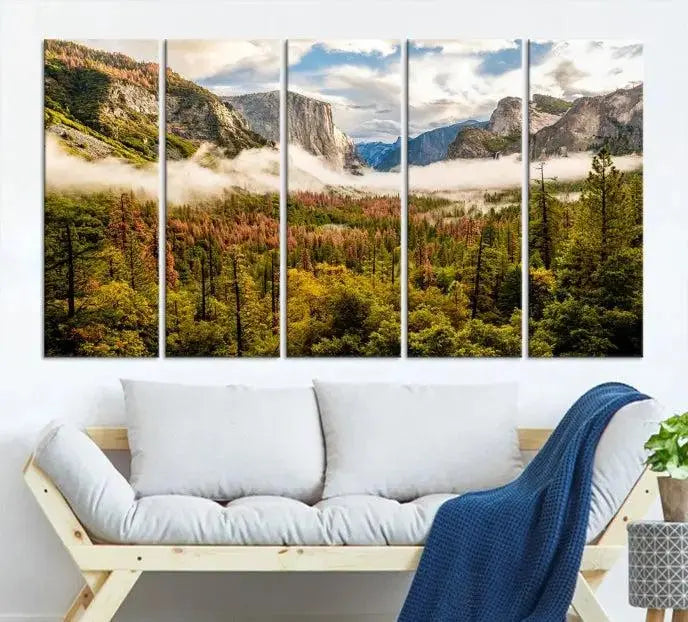 The Half Dome Yosemite Canvas Wall Art, a majestic triptych landscape print, beautifully captures the essence of misty mountains.