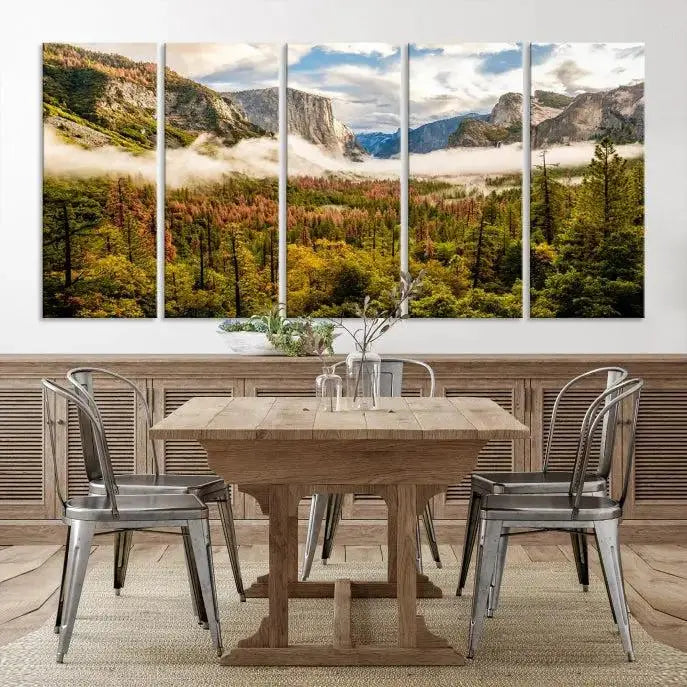 The Half Dome Yosemite Canvas Wall Art, a majestic triptych landscape print, beautifully captures the essence of misty mountains.
