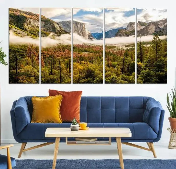 The Half Dome Yosemite Canvas Wall Art, a majestic triptych landscape print, beautifully captures the essence of misty mountains.