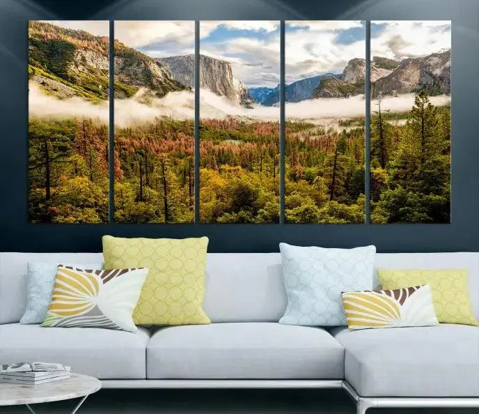 The Half Dome Yosemite Canvas Wall Art, a majestic triptych landscape print, beautifully captures the essence of misty mountains.