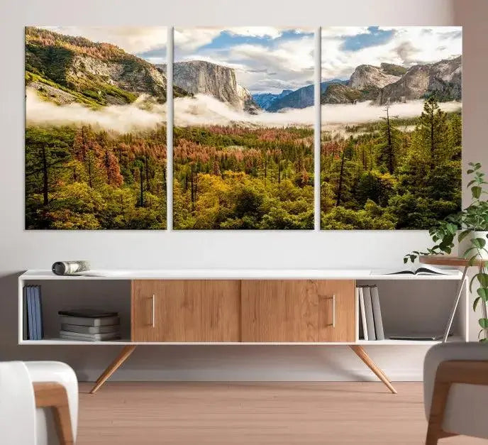 The Half Dome Yosemite Canvas Wall Art, a majestic triptych landscape print, beautifully captures the essence of misty mountains.