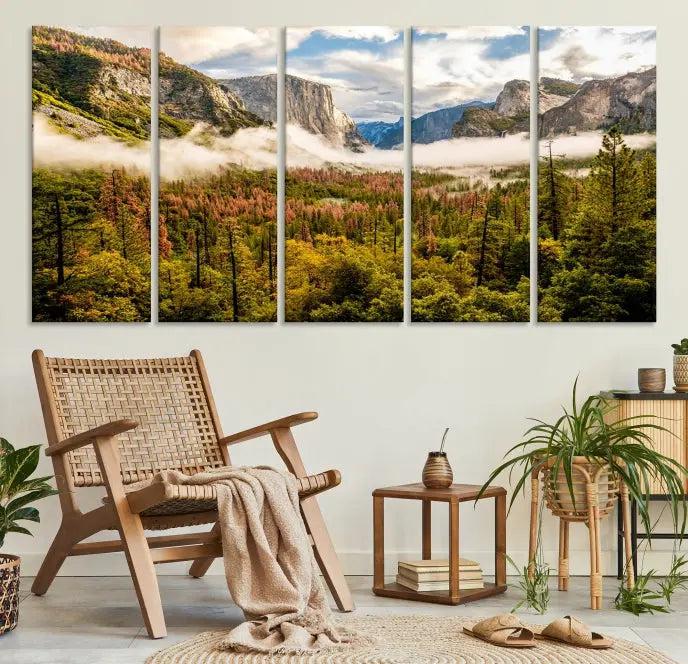 The Half Dome Yosemite Canvas Wall Art, a majestic triptych landscape print, beautifully captures the essence of misty mountains.