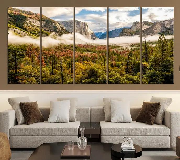 The Half Dome Yosemite Canvas Wall Art, a majestic triptych landscape print, beautifully captures the essence of misty mountains.