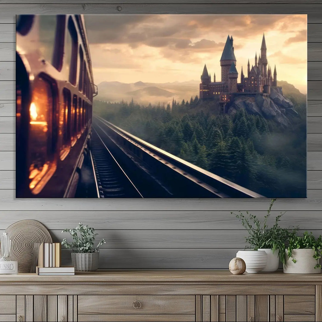 The "Harry Castle Wall Art Canvas Print," depicting a train and castle at sunrise, is elegantly featured with its gallery-quality finish in the modern living room.