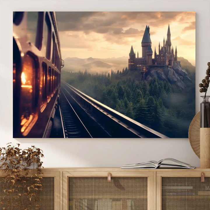 The "Harry Castle Wall Art Canvas Print," depicting a train and castle at sunrise, is elegantly featured with its gallery-quality finish in the modern living room.