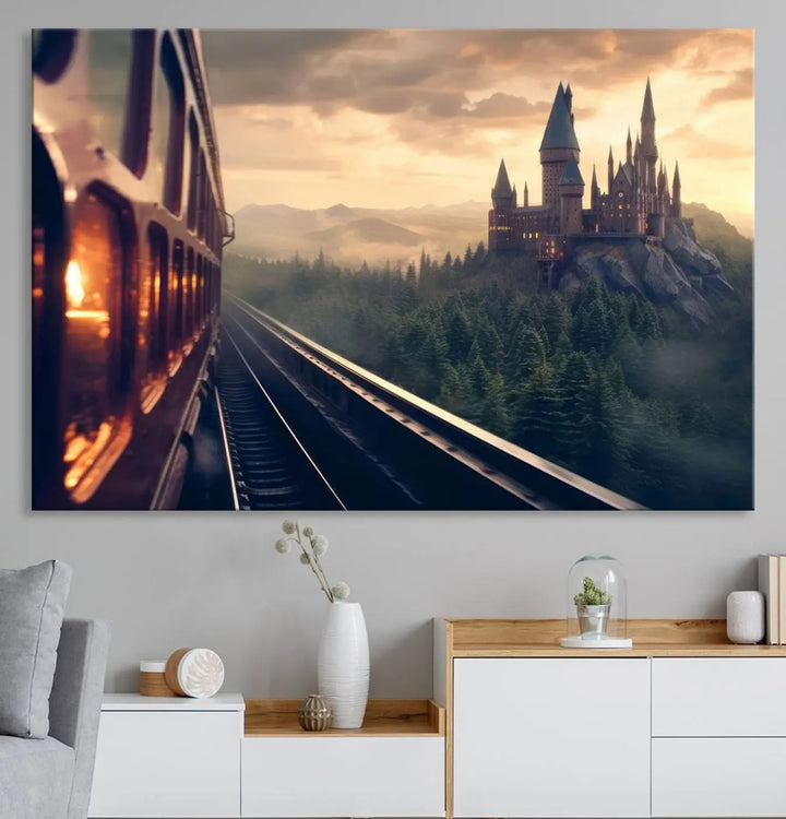 The "Harry Castle Wall Art Canvas Print," depicting a train and castle at sunrise, is elegantly featured with its gallery-quality finish in the modern living room.