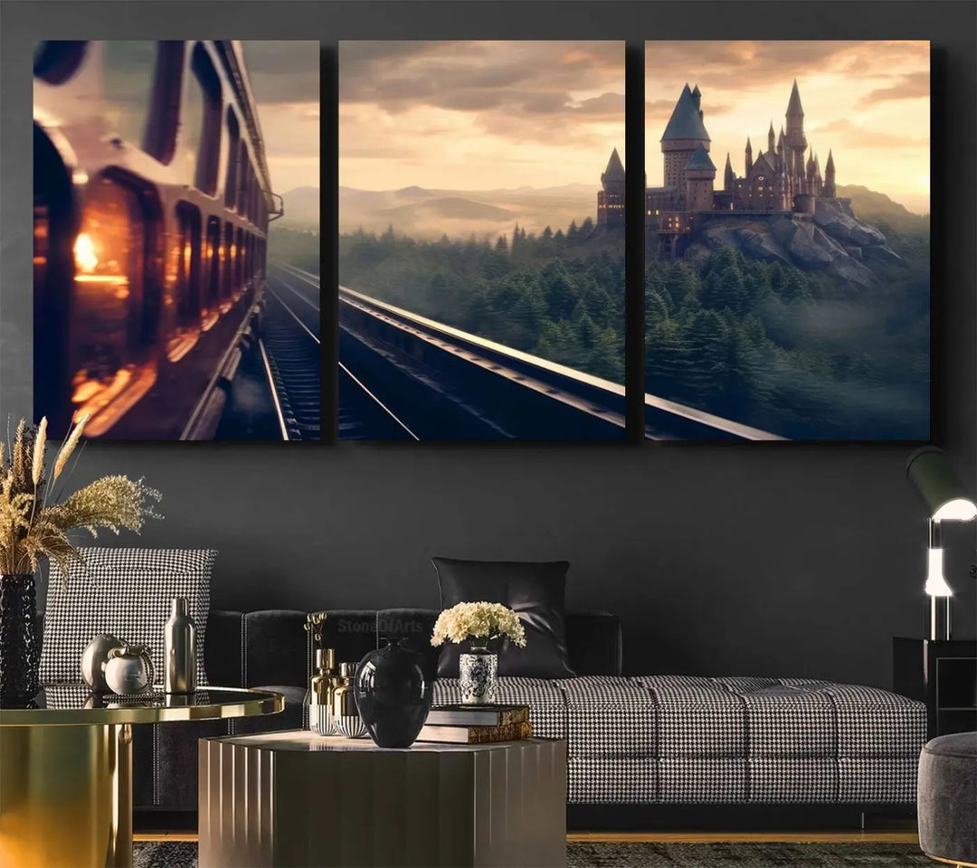 The "Harry Castle Wall Art Canvas Print," depicting a train and castle at sunrise, is elegantly featured with its gallery-quality finish in the modern living room.