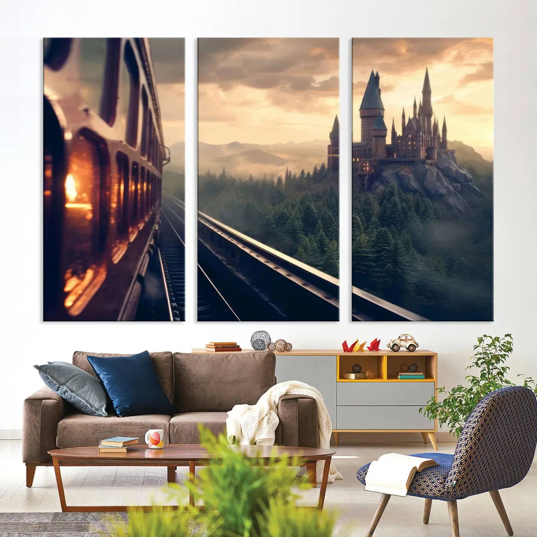 The "Harry Castle Wall Art Canvas Print," depicting a train and castle at sunrise, is elegantly featured with its gallery-quality finish in the modern living room.