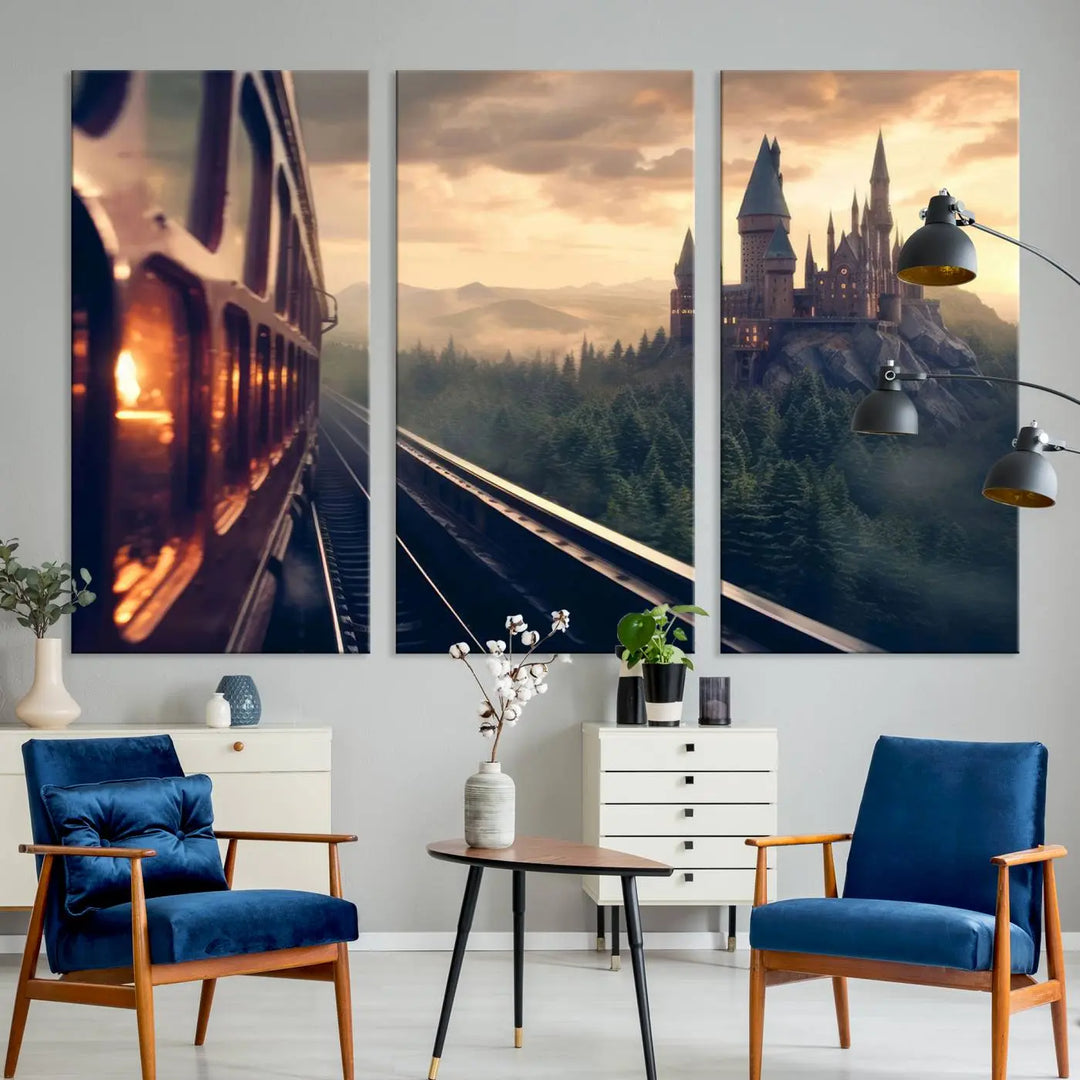 The "Harry Castle Wall Art Canvas Print," depicting a train and castle at sunrise, is elegantly featured with its gallery-quality finish in the modern living room.