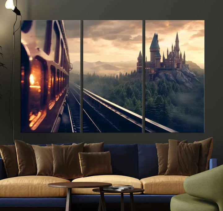 The "Harry Castle Wall Art Canvas Print," depicting a train and castle at sunrise, is elegantly featured with its gallery-quality finish in the modern living room.