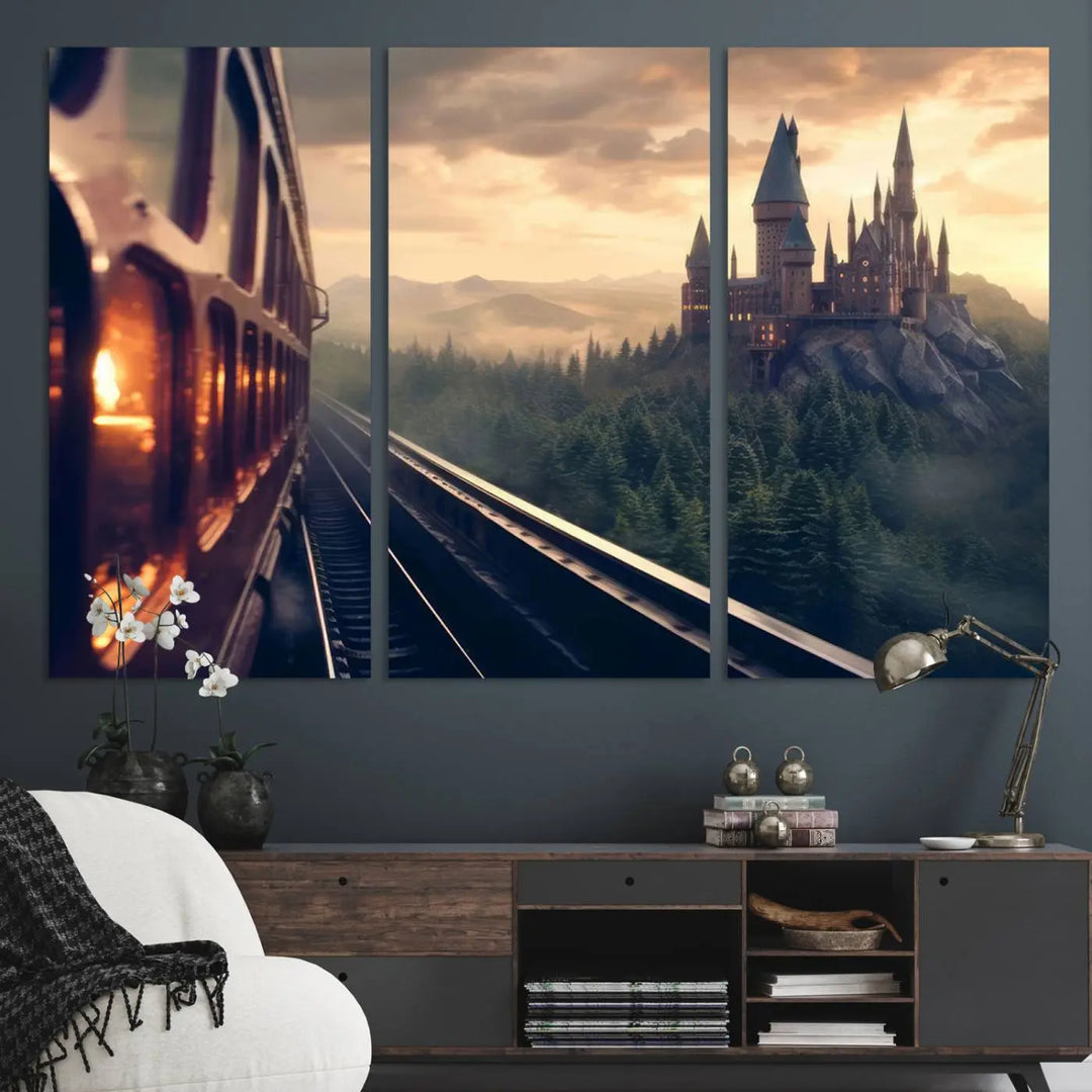 The "Harry Castle Wall Art Canvas Print," depicting a train and castle at sunrise, is elegantly featured with its gallery-quality finish in the modern living room.