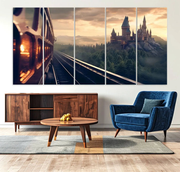 The "Harry Castle Wall Art Canvas Print," depicting a train and castle at sunrise, is elegantly featured with its gallery-quality finish in the modern living room.