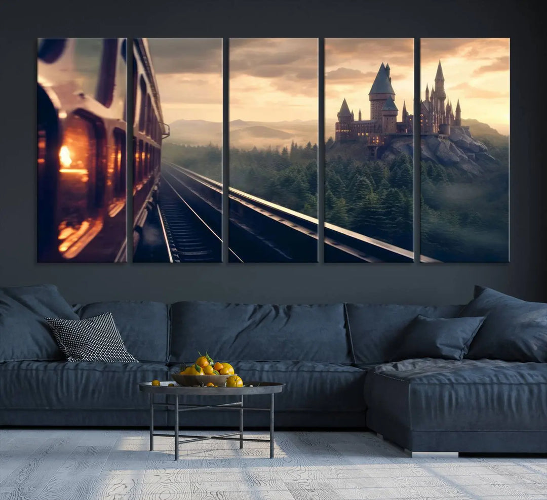 The "Harry Castle Wall Art Canvas Print," depicting a train and castle at sunrise, is elegantly featured with its gallery-quality finish in the modern living room.