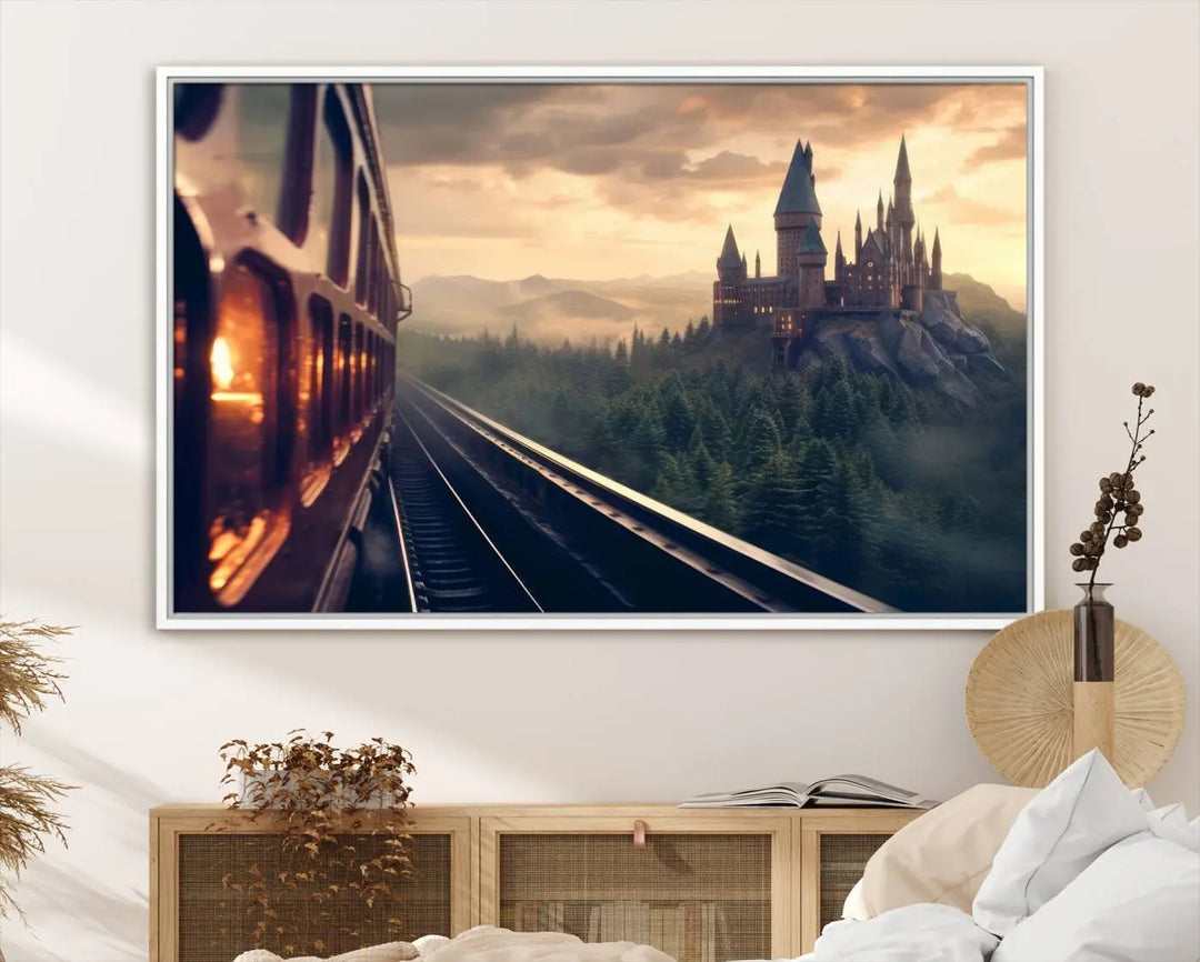 The "Harry Castle Wall Art Canvas Print," depicting a train and castle at sunrise, is elegantly featured with its gallery-quality finish in the modern living room.