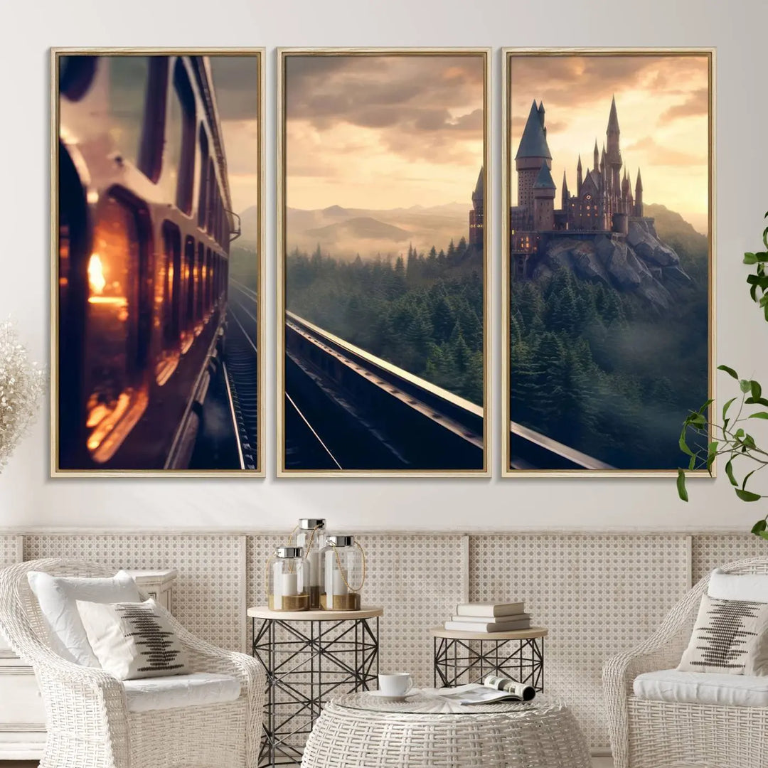 The "Harry Castle Wall Art Canvas Print," depicting a train and castle at sunrise, is elegantly featured with its gallery-quality finish in the modern living room.