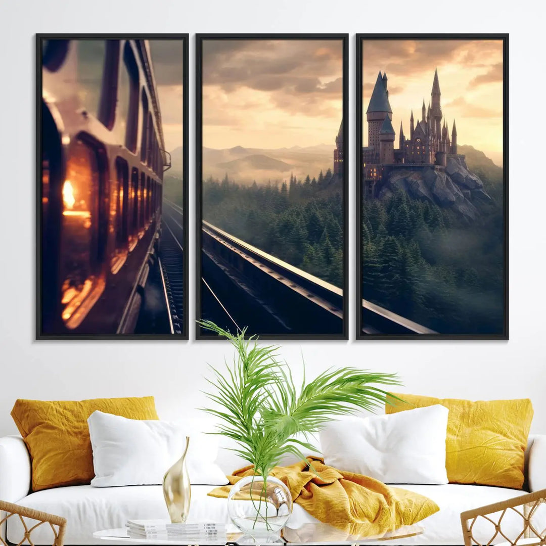 The "Harry Castle Wall Art Canvas Print," depicting a train and castle at sunrise, is elegantly featured with its gallery-quality finish in the modern living room.